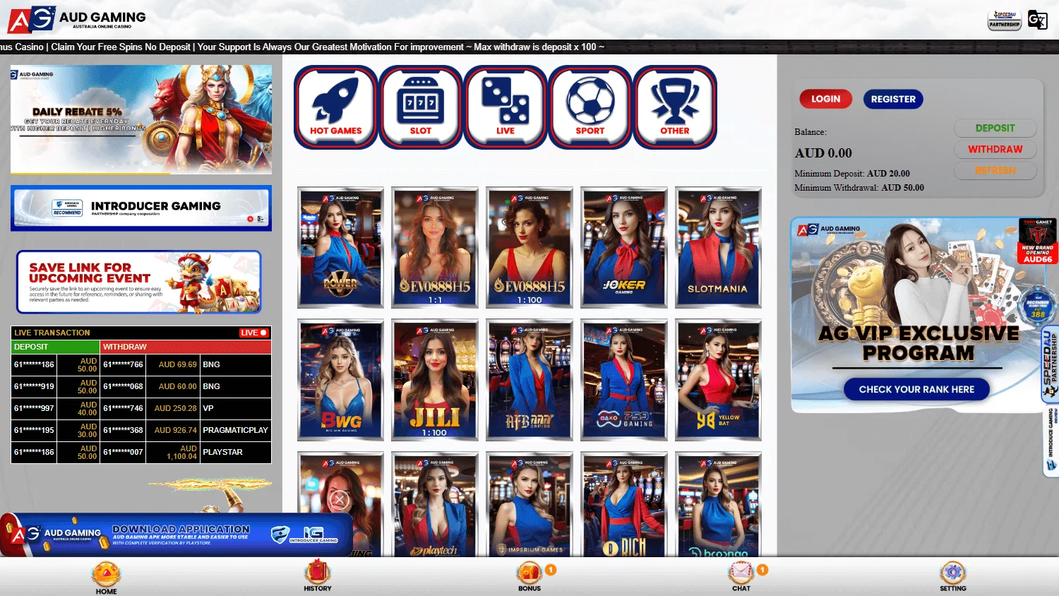 AUD Gaming Casino home page on a desktop device