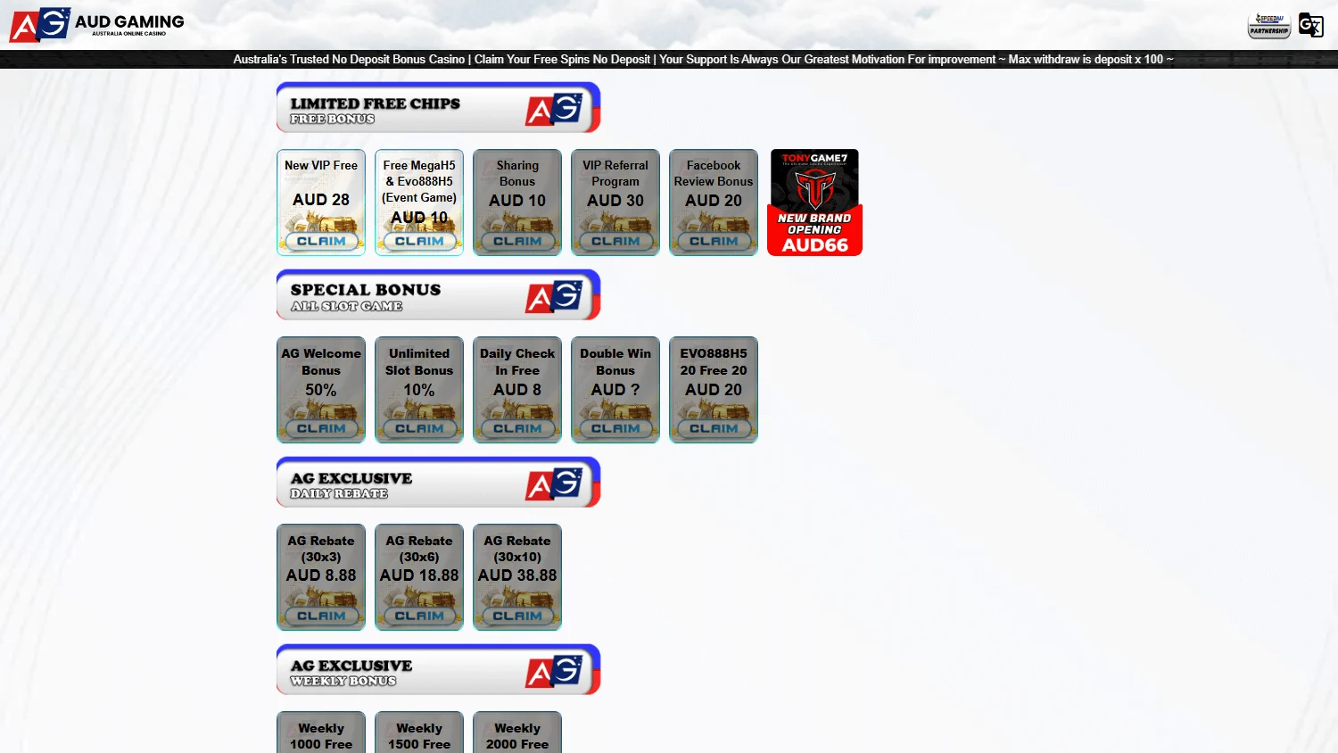 AUD Gaming Casino promotions page on a desktop device with the $28 no-deposit offer